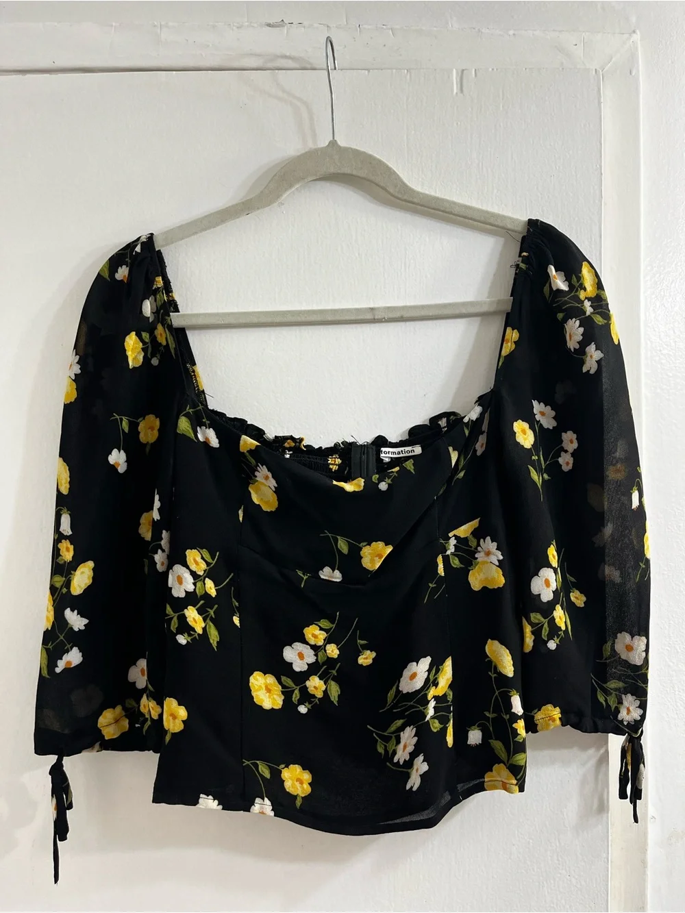 Reformation Black Floral Smocked Off-Shoulder Blouse with Yellow & White Blooms